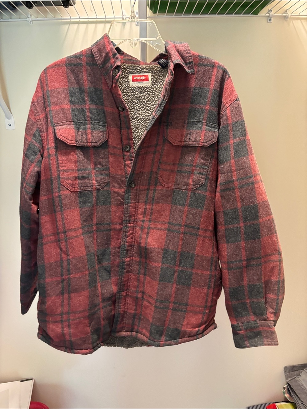 Wrangler Red & Black Plaid Sherpa-Lined Flannel Shacket